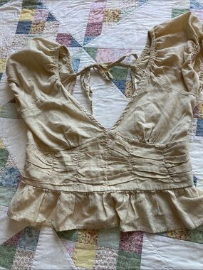 T—Cream Ruched V-Neck Peplum Blouse with Tie Back